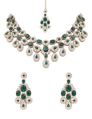 Traditional teardrop design & stone necklace jewellery with earrings & maang tikka set for women (ij414) (green) 2