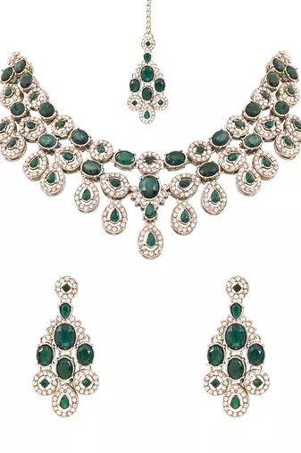 Traditional teardrop design & stone necklace jewellery with earrings & maang tikka set for women (ij414) (green)