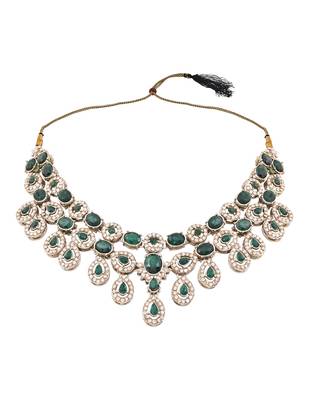 Traditional teardrop design & stone necklace jewellery with earrings & maang tikka set for women (ij414) (green) 3