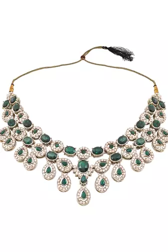 Traditional teardrop design & stone necklace jewellery with earrings & maang tikka set for women (ij414) (green)
