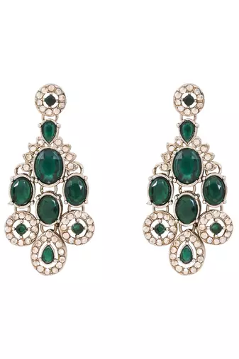 Traditional teardrop design & stone necklace jewellery with earrings & maang tikka set for women (ij414) (green)