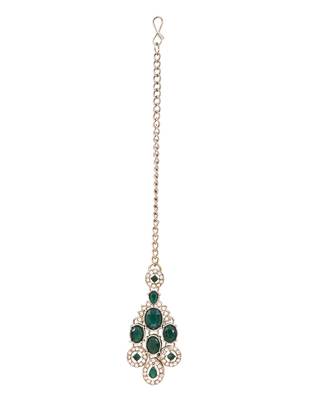Traditional teardrop design & stone necklace jewellery with earrings & maang tikka set for women (ij414) (green) 5