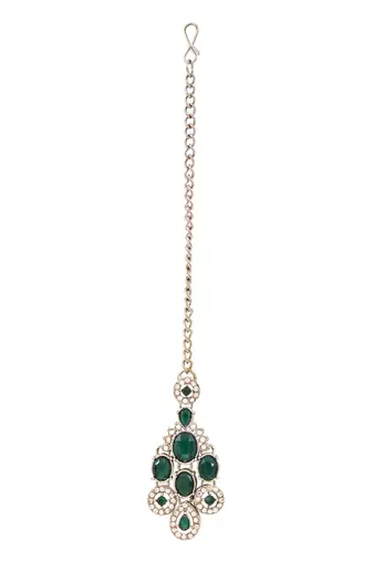 Traditional teardrop design & stone necklace jewellery with earrings & maang tikka set for women (ij414) (green)