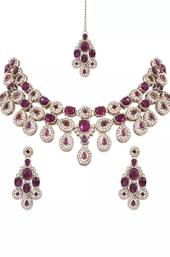 Traditional teardrop design & stone necklace jewellery with earrings & maang tikka set for women (ij414) (wine)