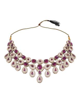 Traditional teardrop design & stone necklace jewellery with earrings & maang tikka set for women (ij414) (wine) 3
