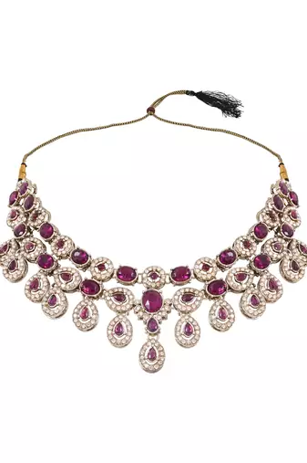Traditional teardrop design & stone necklace jewellery with earrings & maang tikka set for women (ij414) (wine)