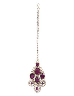Traditional teardrop design & stone necklace jewellery with earrings & maang tikka set for women (ij414) (wine) 5