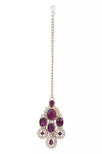 Traditional teardrop design & stone necklace jewellery with earrings & maang tikka set for women (ij414) (wine)
