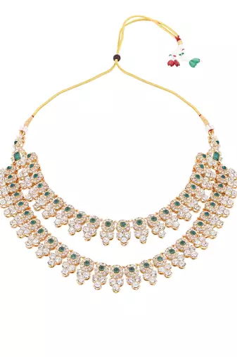 Gold plated stylish design crystal diamond necklace with earrings & maang tikka jewellery set for women 