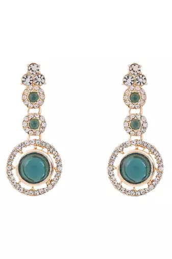 Gold plated stylish design crystal diamond necklace with earrings & maang tikka jewellery set for women 
