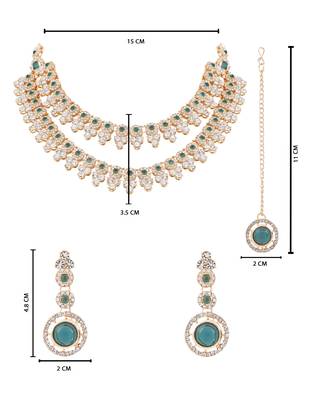 Gold plated stylish design crystal diamond necklace with earrings & maang tikka jewellery set for women  5