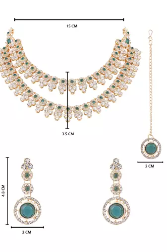 Gold plated stylish design crystal diamond necklace with earrings & maang tikka jewellery set for women 