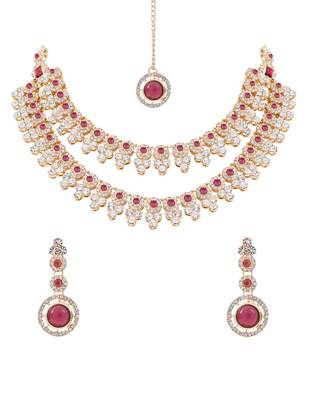 Gold plated stylish design crystal diamond necklace with earrings & maang tikka jewellery set for women  2
