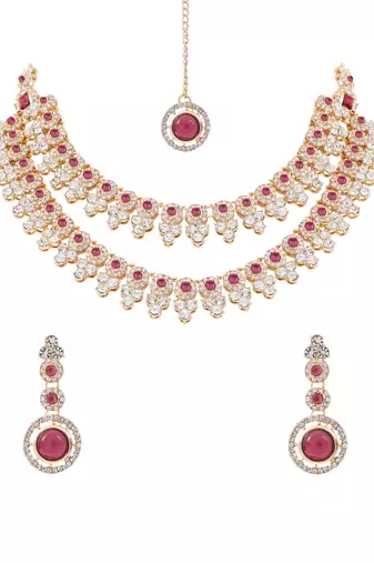 Gold plated stylish design crystal diamond necklace with earrings & maang tikka jewellery set for women 