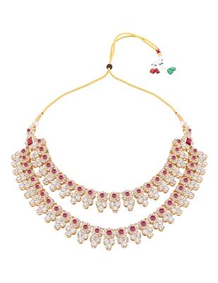 Gold plated stylish design crystal diamond necklace with earrings & maang tikka jewellery set for women  3