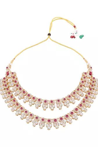 Gold plated stylish design crystal diamond necklace with earrings & maang tikka jewellery set for women 