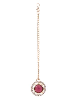 Gold plated stylish design crystal diamond necklace with earrings & maang tikka jewellery set for women  5