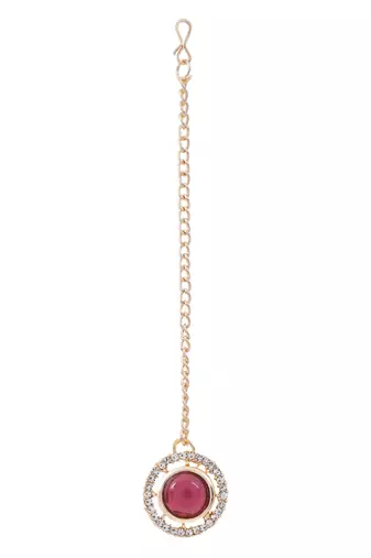Gold plated stylish design crystal diamond necklace with earrings & maang tikka jewellery set for women 