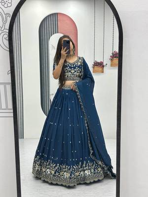 Navy Blue Cotton Lehenga with Golden Thread Embroidery, Elephant Motifs, Stitched Style with Blouse and Dupatta 1
