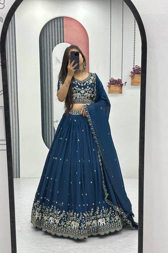 Navy Blue Cotton Lehenga with Golden Thread Embroidery, Elephant Motifs, Stitched Style with Blouse and Dupatta