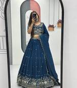 Navy Blue Cotton Lehenga with Golden Thread Embroidery, Elephant Motifs, Stitched Style with Blouse and Dupatta