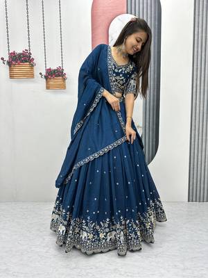 Navy Blue Cotton Lehenga with Golden Thread Embroidery, Elephant Motifs, Stitched Style with Blouse and Dupatta 3