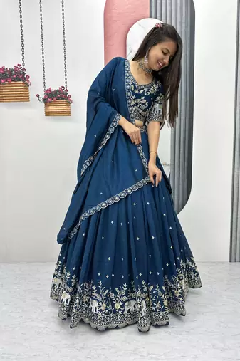 Navy Blue Cotton Lehenga with Golden Thread Embroidery, Elephant Motifs, Stitched Style with Blouse and Dupatta