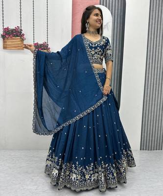 Navy Blue Cotton Lehenga with Golden Thread Embroidery, Elephant Motifs, Stitched Style with Blouse and Dupatta 4