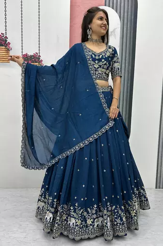 Navy Blue Cotton Lehenga with Golden Thread Embroidery, Elephant Motifs, Stitched Style with Blouse and Dupatta