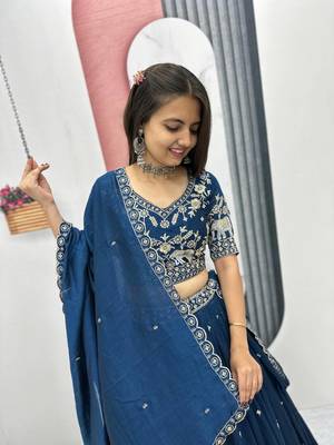 Navy Blue Cotton Lehenga with Golden Thread Embroidery, Elephant Motifs, Stitched Style with Blouse and Dupatta 5