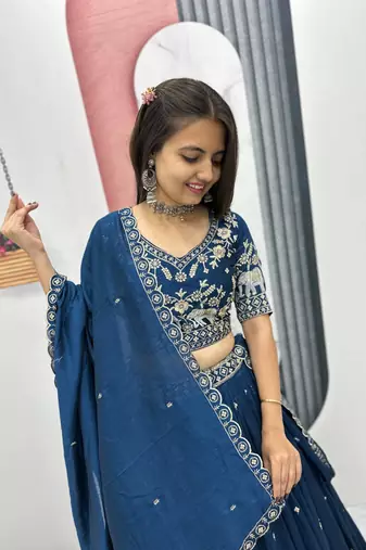 Navy Blue Cotton Lehenga with Golden Thread Embroidery, Elephant Motifs, Stitched Style with Blouse and Dupatta