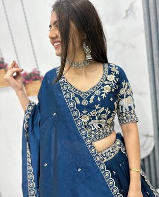 Navy Blue Cotton Lehenga with Golden Thread Embroidery, Elephant Motifs, Stitched Style with Blouse and Dupatta 6