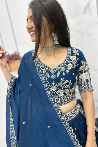 Navy Blue Cotton Lehenga with Golden Thread Embroidery, Elephant Motifs, Stitched Style with Blouse and Dupatta