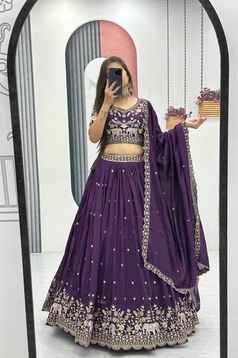 Purple Cotton Lehenga with Golden Thread Embroidery, Elephant Motifs, Stitched Style with Blouse and Dupatta