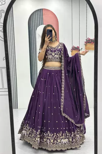 Purple Cotton Lehenga with Golden Thread Embroidery, Elephant Motifs, Stitched Style with Blouse and Dupatta