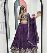 Purple Cotton Lehenga with Golden Thread Embroidery, Elephant Motifs, Stitched Style with Blouse and Dupatta