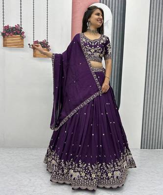 Purple Cotton Lehenga with Golden Thread Embroidery, Elephant Motifs, Stitched Style with Blouse and Dupatta 3