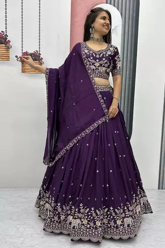 Purple Cotton Lehenga with Golden Thread Embroidery, Elephant Motifs, Stitched Style with Blouse and Dupatta