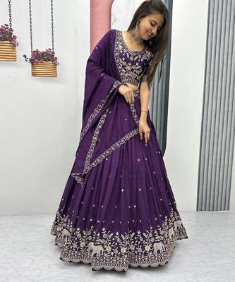 Purple Cotton Lehenga with Golden Thread Embroidery, Elephant Motifs, Stitched Style with Blouse and Dupatta 4