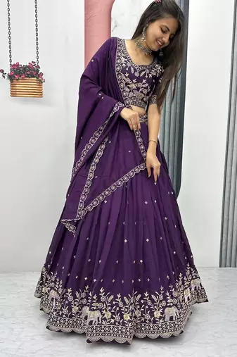 Purple Cotton Lehenga with Golden Thread Embroidery, Elephant Motifs, Stitched Style with Blouse and Dupatta