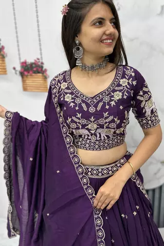 Purple Cotton Lehenga with Golden Thread Embroidery, Elephant Motifs, Stitched Style with Blouse and Dupatta