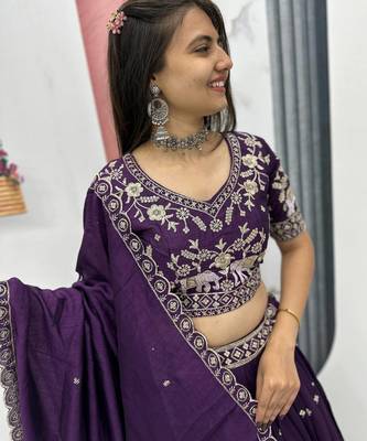Purple Cotton Lehenga with Golden Thread Embroidery, Elephant Motifs, Stitched Style with Blouse and Dupatta 6