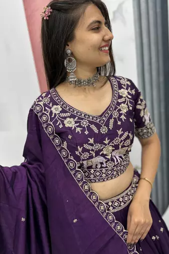 Purple Cotton Lehenga with Golden Thread Embroidery, Elephant Motifs, Stitched Style with Blouse and Dupatta