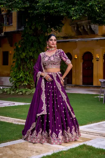 Purple Embroidered Silk Lehenga Choli with Dupatta & Blouse – Heavy Zari Work Traditional Wedding Wear