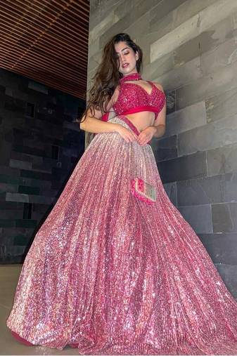 Pink Sequins Work Glitter Georgette Flared Lehenga with Blouse