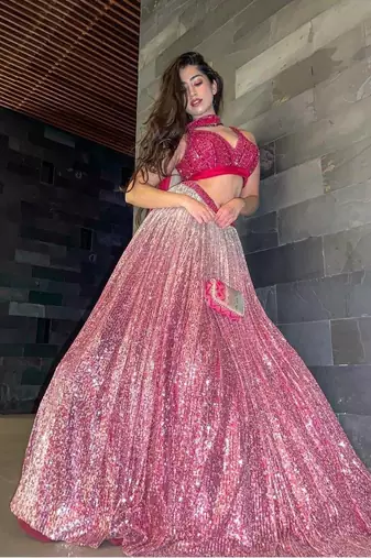 Pink Sequins Work Glitter Georgette Flared Lehenga with Blouse