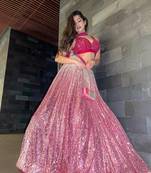 Pink Sequins Work Glitter Georgette Flared Lehenga with Blouse