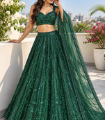 GREEN Rainbow Sequins & Dori Work Net Flared Lehenga with Net Dupatta and Unstitched Net Blouse