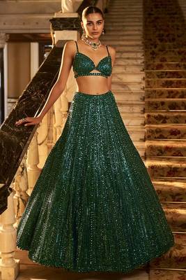 GREEN Rainbow Sequins & Dori Work Net Flared Lehenga with Net Dupatta and Unstitched Net Blouse 1