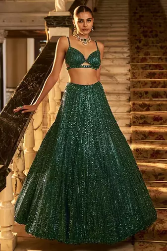 Rainbow Sequins & Dori Work Net Flared Lehenga with Net Dupatta and Unstitched Net Blouse